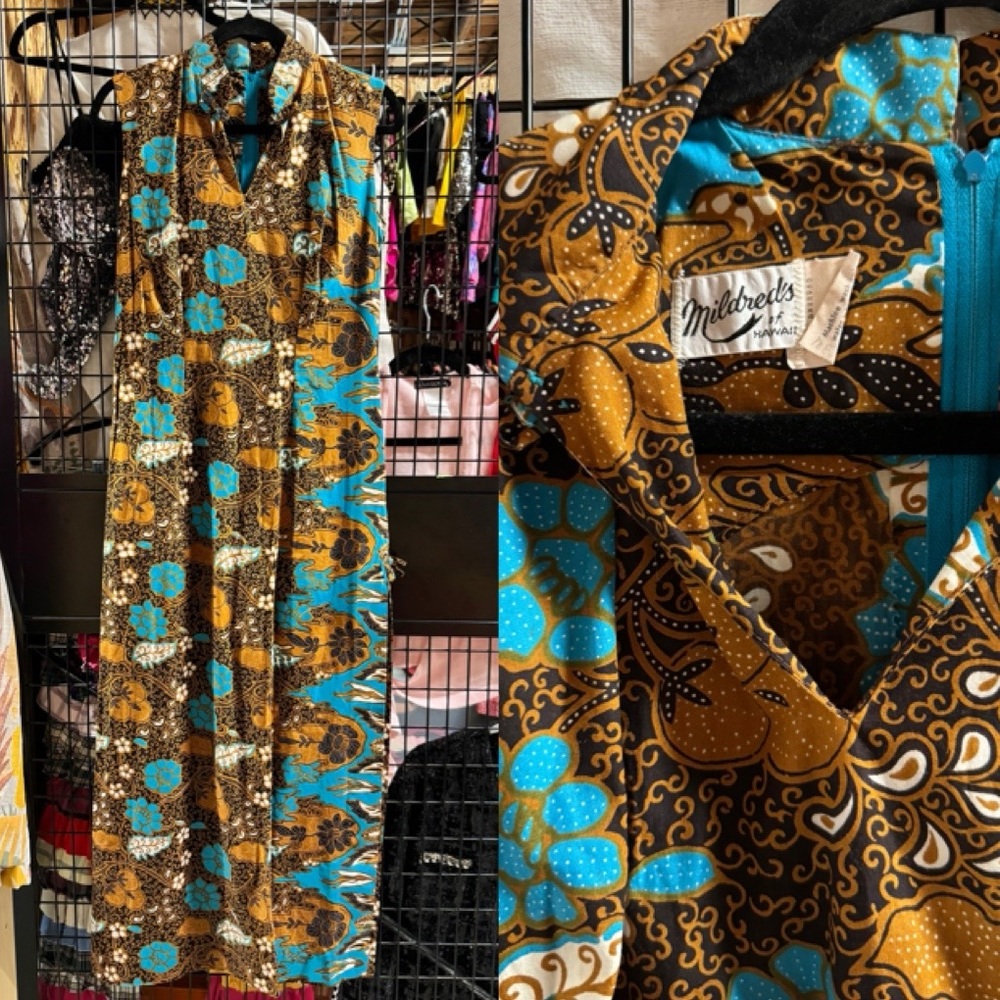 Vtg 60s/70s Mildred’s of Hawaii Brown & Turquoise Abstract Floral Printed Maxi